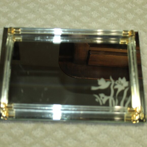 Vintage Beveled Mirrored Vanity Tray Mirror Lucite Rails Hummingbirds Flowers - Picture 3 of 8